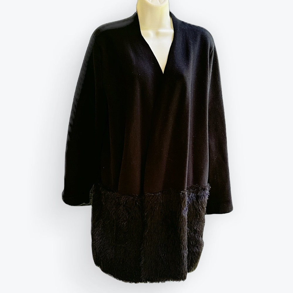 Whimsigoth Dark Academia Black Cotton & Mobwife Faux Fur Open Light Sweater ~ L
